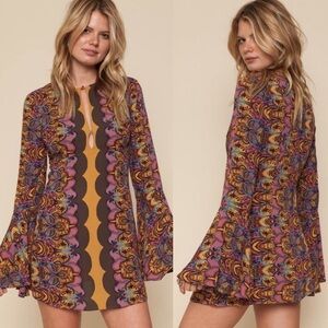 Free People Mini Dress in Brown, Pink, Mustard Print